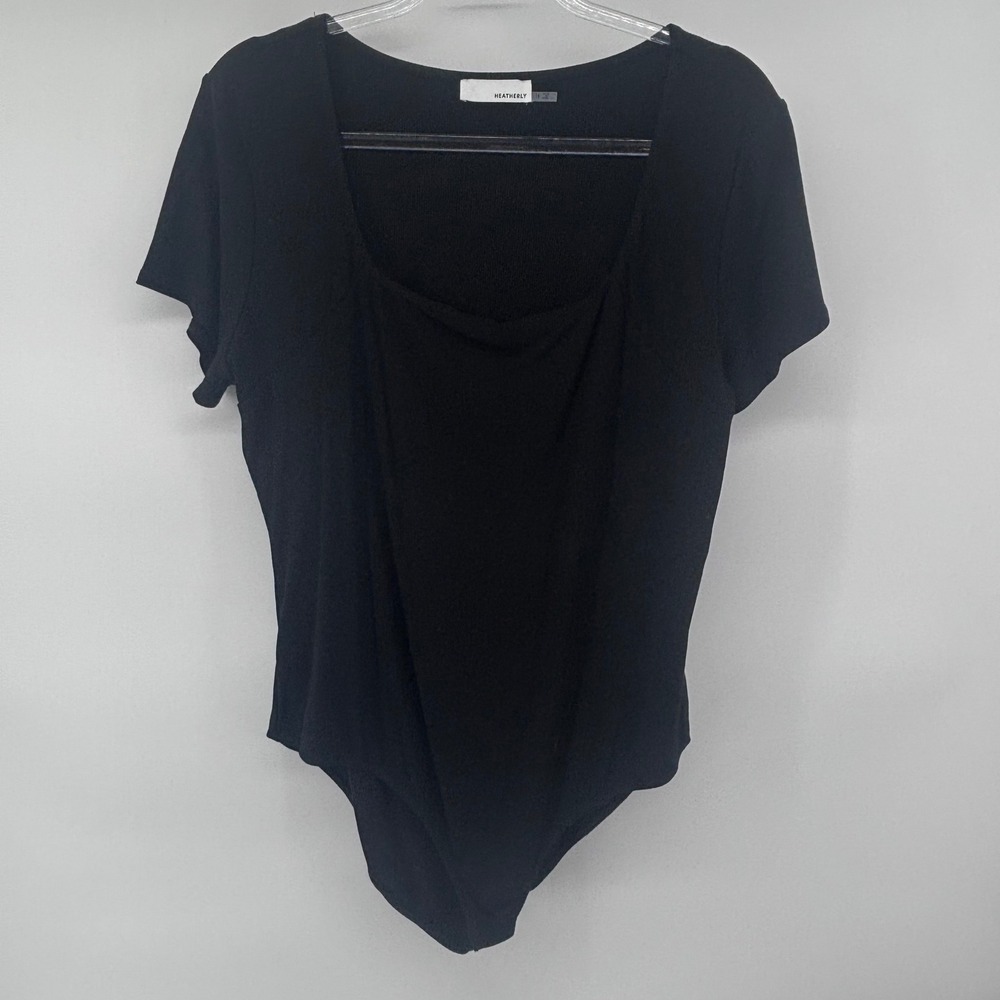 Heatherly Black Ribbed‎ Square Neck Short Sleeve Bodysuit Womens 1X